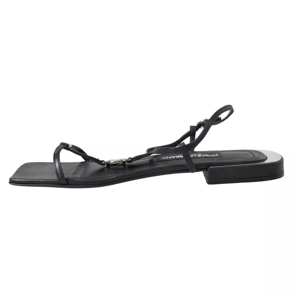 Black Leather DG Logo Flats Sandals Shoes - The Luxe Alliance