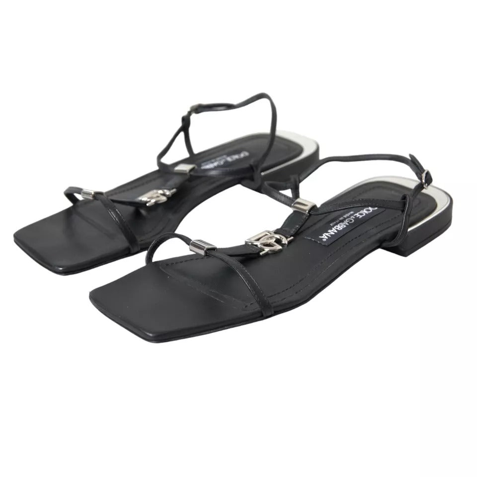 Black Leather DG Logo Flats Sandals Shoes - The Luxe Alliance