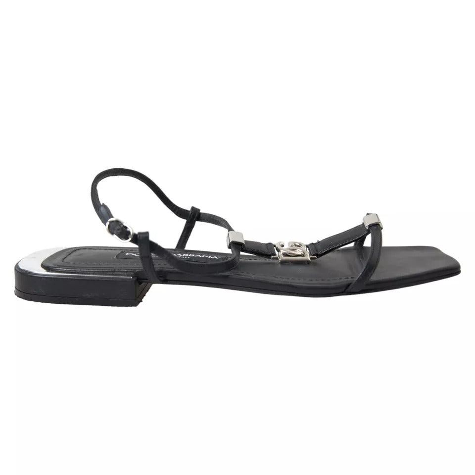 Black Leather DG Logo Flats Sandals Shoes - The Luxe Alliance