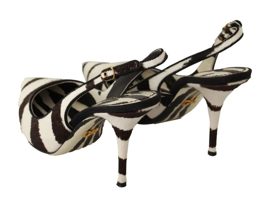  - Black White Zebra Leather Heels Slingback Shoes