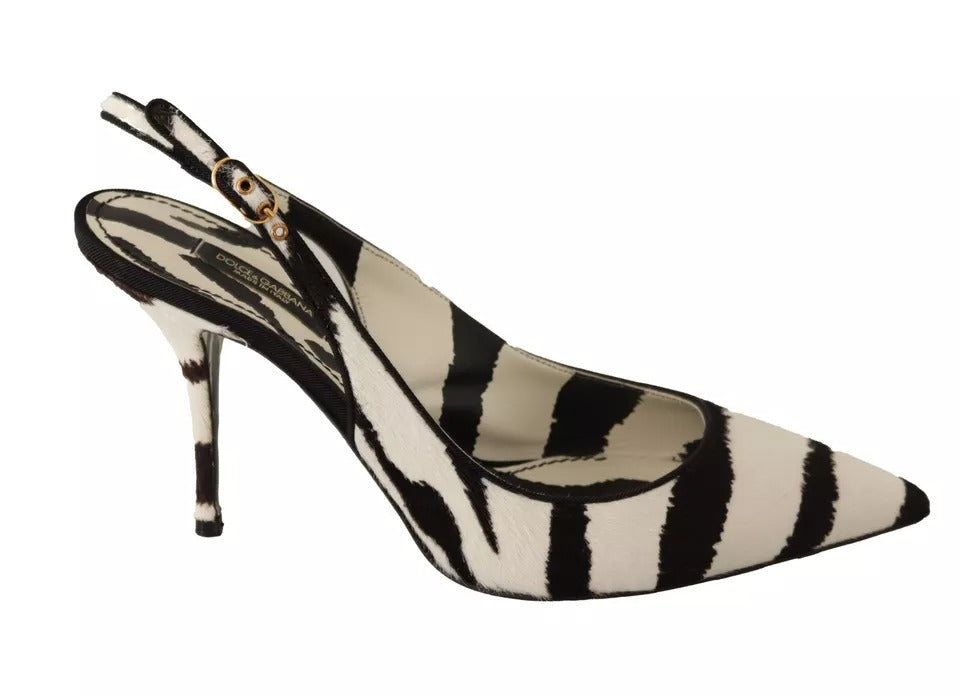  - Black White Zebra Leather Heels Slingback Shoes