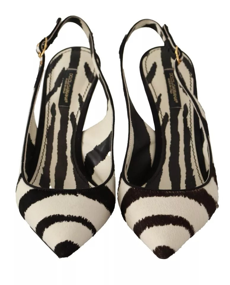  - Black White Zebra Leather Heels Slingback Shoes