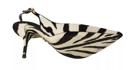  - Black White Zebra Leather Heels Slingback Shoes