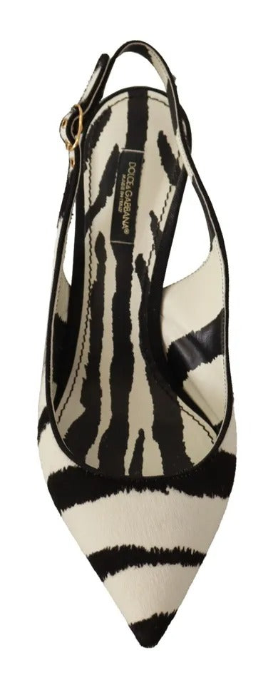  - Black White Zebra Leather Heels Slingback Shoes