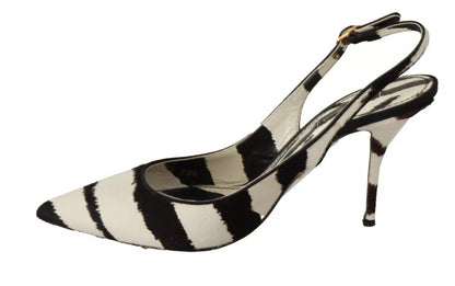  - Black White Zebra Leather Heels Slingback Shoes