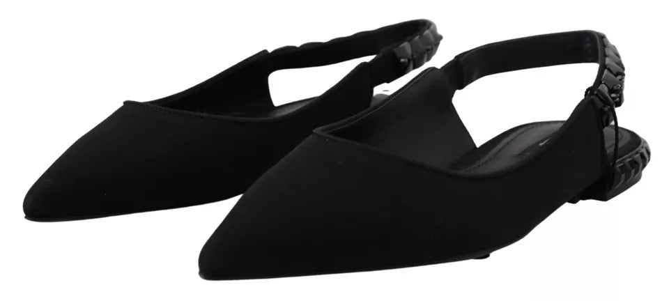  - Black Flats Crystal Slingback Charmeuse Shoes