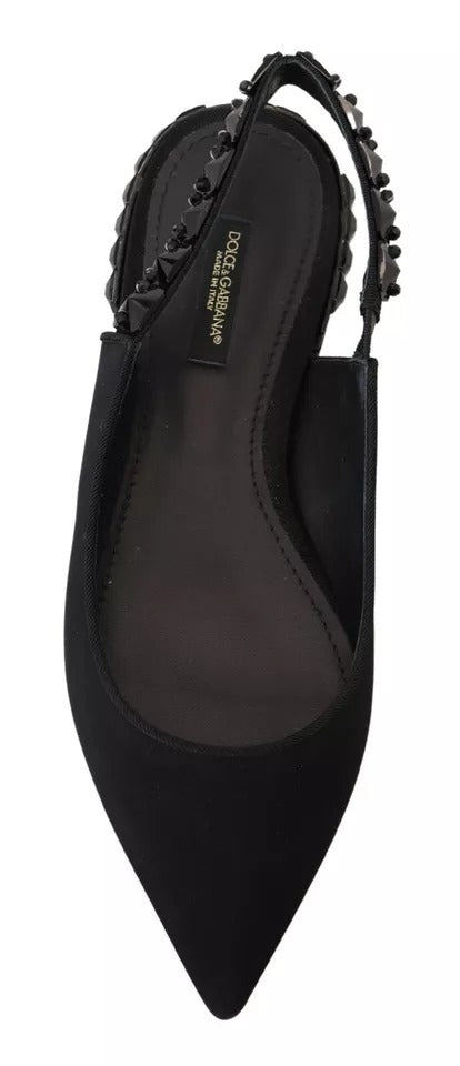  - Black Flats Crystal Slingback Charmeuse Shoes