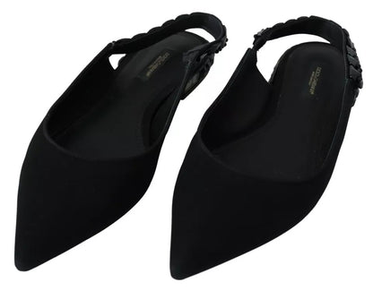  - Black Flats Crystal Slingback Charmeuse Shoes