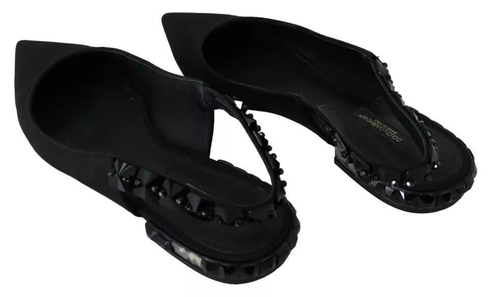  - Black Flats Crystal Slingback Charmeuse Shoes