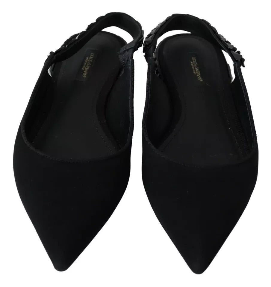  - Black Flats Crystal Slingback Charmeuse Shoes