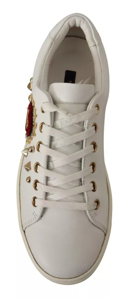 Dolce & Gabbana White Leather Gold Red Heart Sneakers