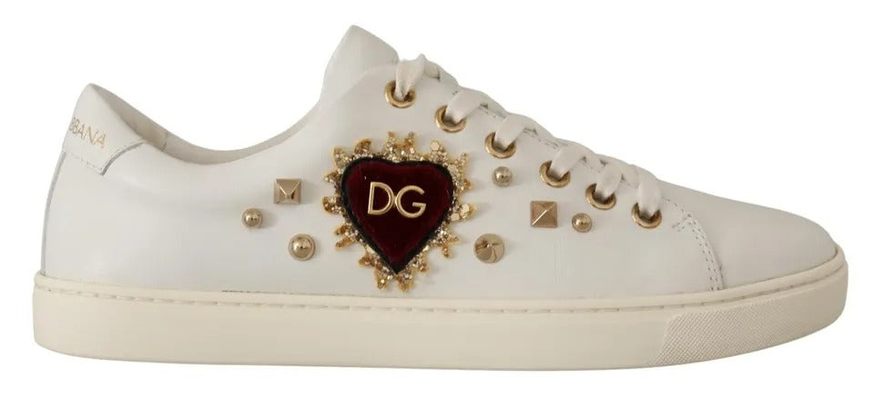  - White Leather Gold Red Heart Sneakers Shoes