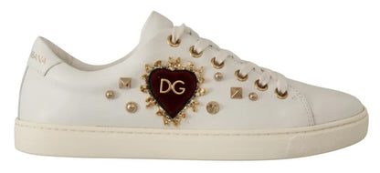 Dolce & Gabbana White Leather Gold Red Heart Sneakers