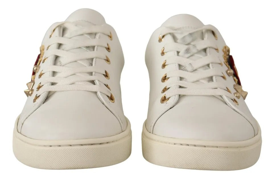 Dolce & Gabbana White Leather Gold Red Heart Sneakers