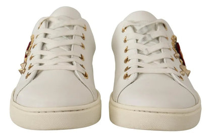 Dolce & Gabbana White Leather Gold Red Heart Sneakers