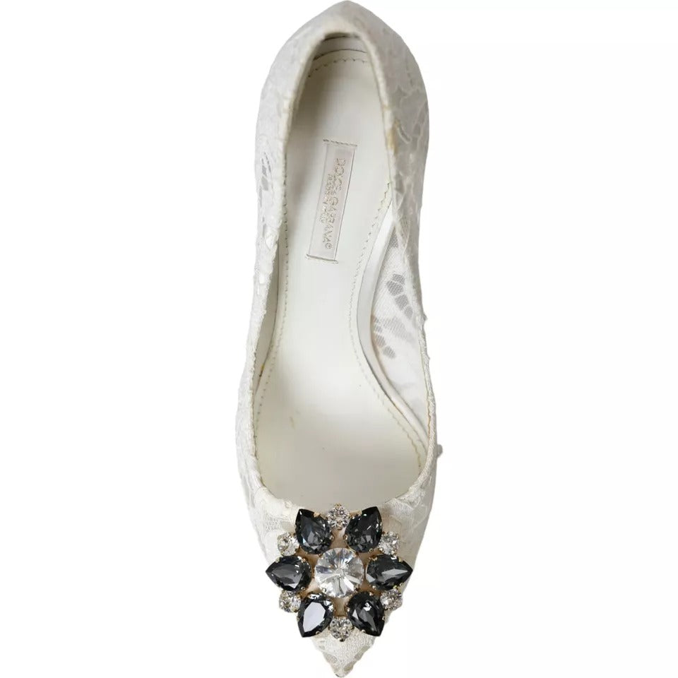 White Taormina Lace Crystal Heel Pumps Shoes