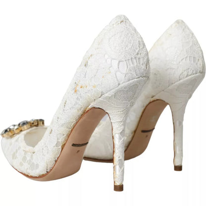 White Taormina Lace Crystal Heel Pumps Shoes