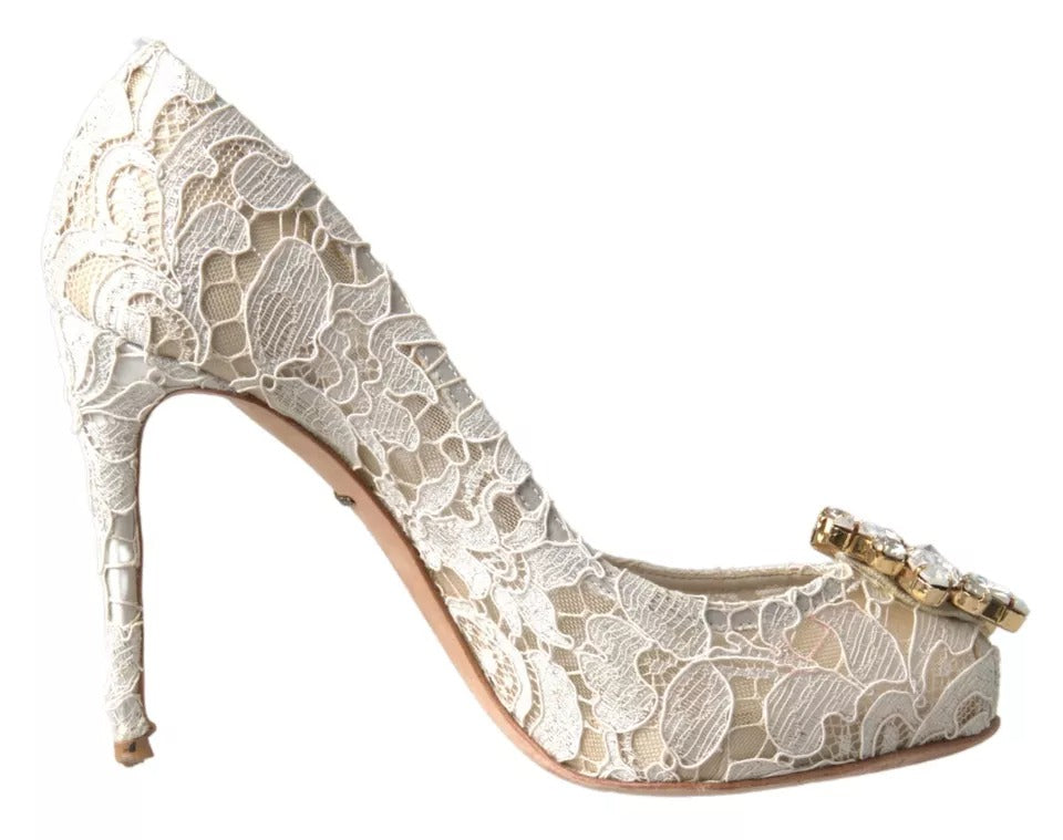  - White Taormina Lace Crystal Heels Pumps Shoes