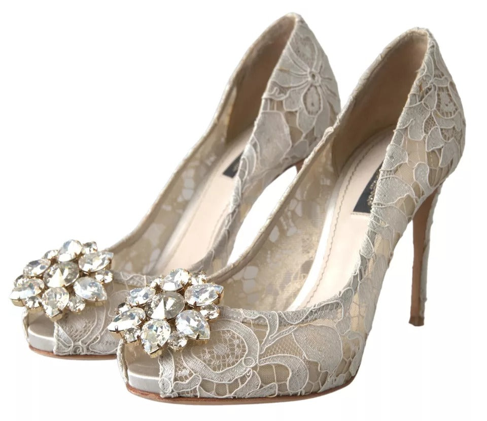  - White Taormina Lace Crystal Heels Pumps Shoes