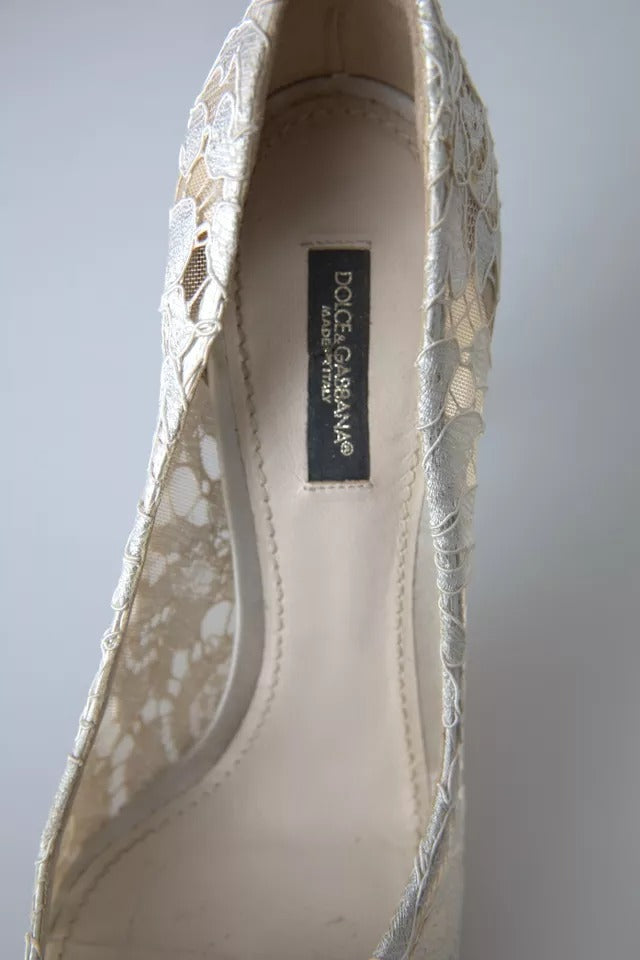  - White Taormina Lace Crystal Heels Pumps Shoes