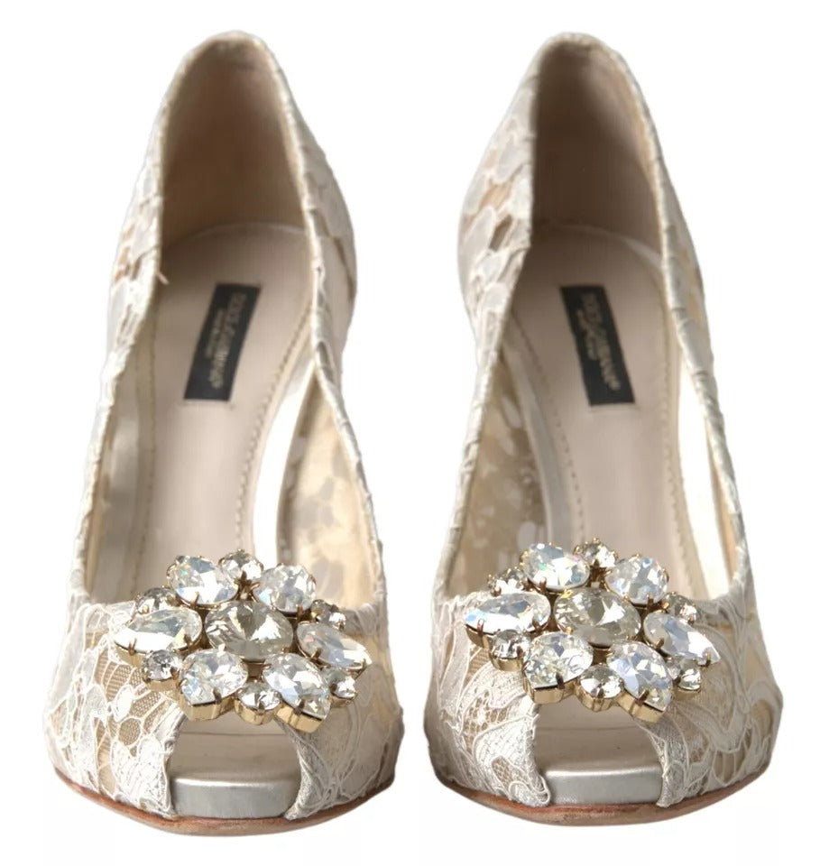  - White Taormina Lace Crystal Heels Pumps Shoes