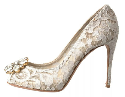  - White Taormina Lace Crystal Heels Pumps Shoes