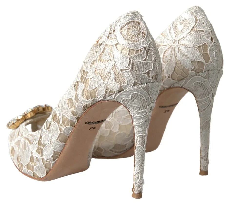  - White Taormina Lace Crystal Heels Pumps Shoes