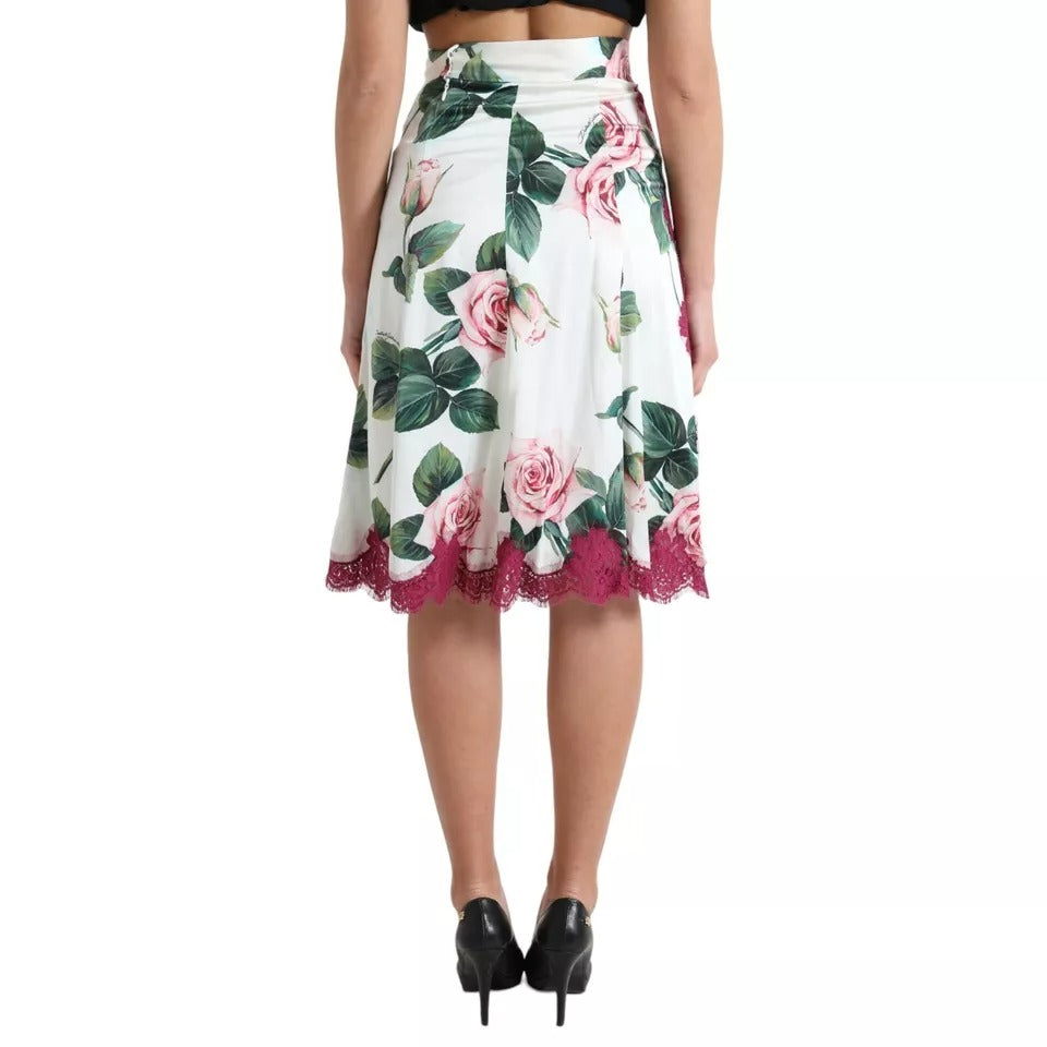  - White Rose Print High Waist Midi A-line Skirt