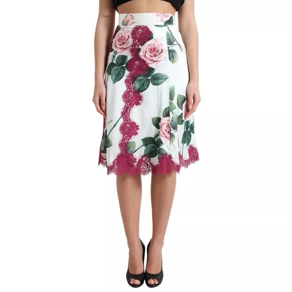  - White Rose Print High Waist Midi A-line Skirt