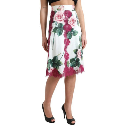  - White Rose Print High Waist Midi A-line Skirt