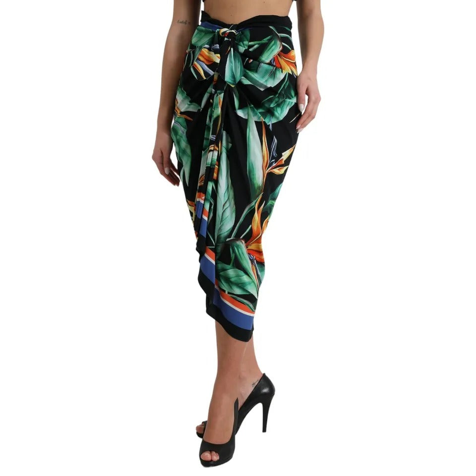  - Black Strelitzia High Waist Wrap Midi Skirt