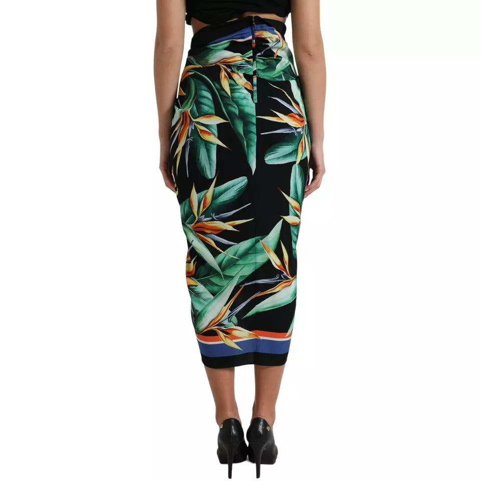  - Black Strelitzia High Waist Wrap Midi Skirt