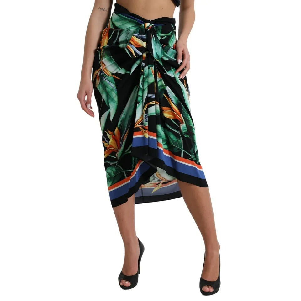  - Black Strelitzia High Waist Wrap Midi Skirt