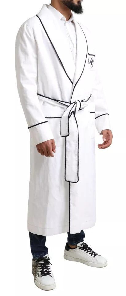  - White Linen Belted Robe DG Logo Sleepwear