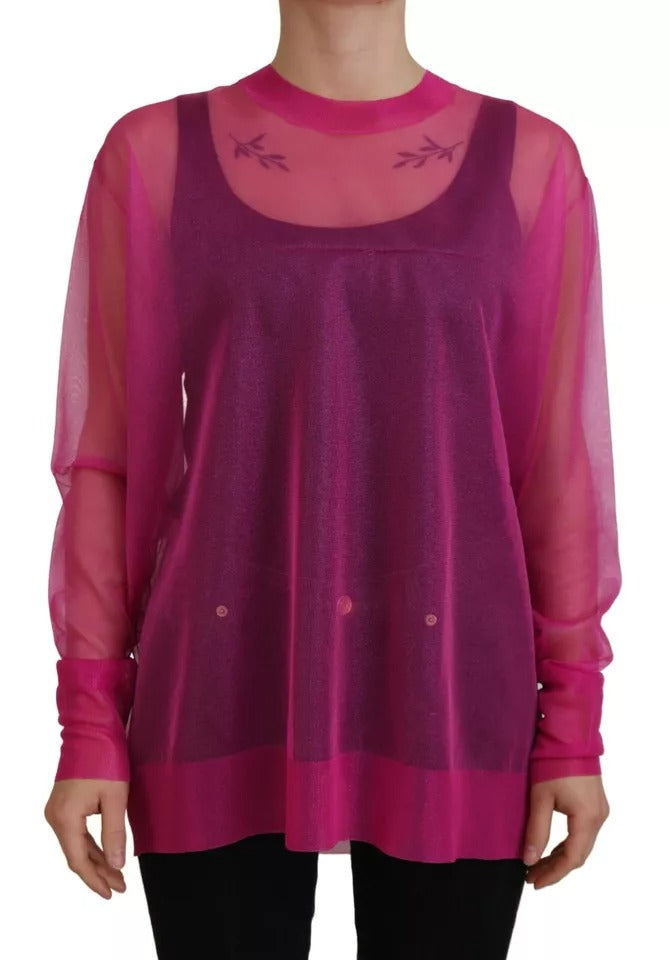 Fuchsia Polyester Crewneck Pullover Sweater - The Luxe Alliance