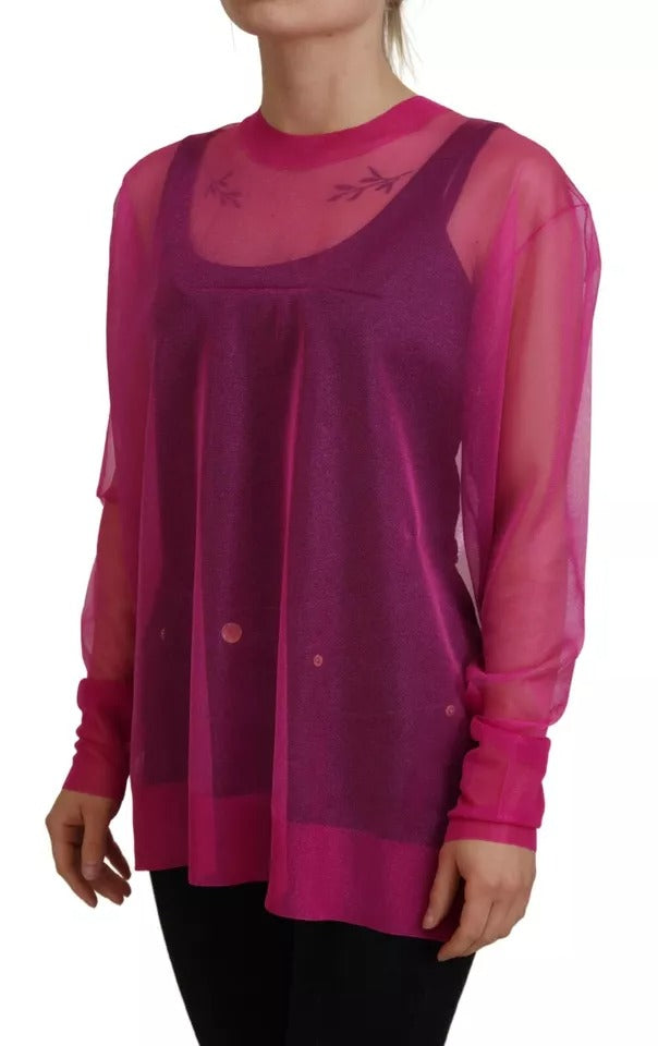 Fuchsia Polyester Crewneck Pullover Sweater - The Luxe Alliance