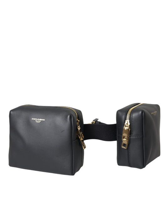 Black Calfskin Leather Double Waist Belt Fanny Pack Bag - The Luxe Alliance