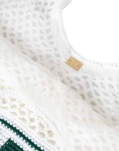  - White Green Knitted Cotton Logo Shopping Tote Bag