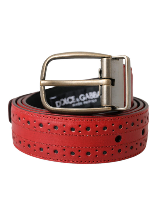  - Red Perforated Leather Metal Buckle Belt Men