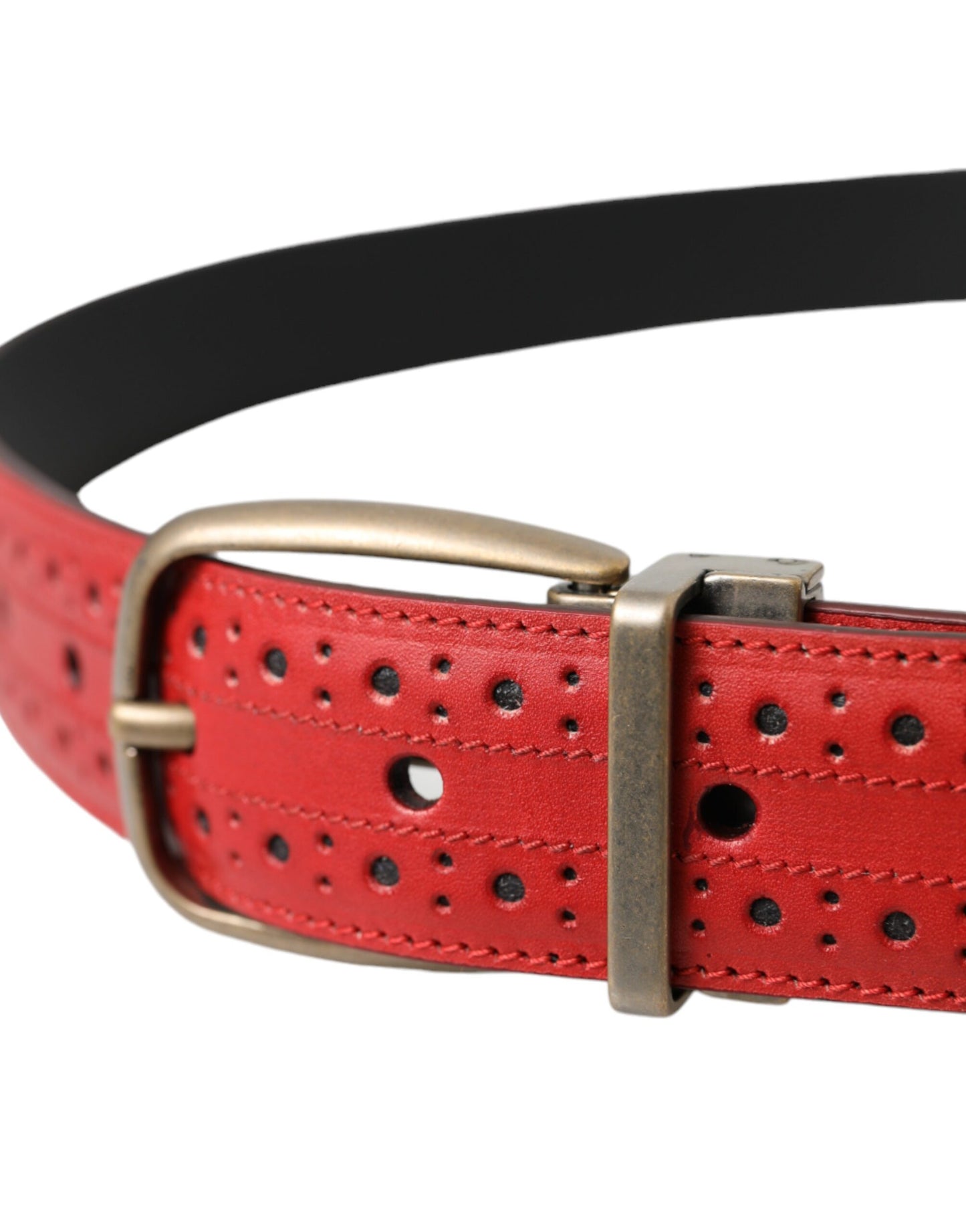  - Red Perforated Leather Metal Buckle Belt Men