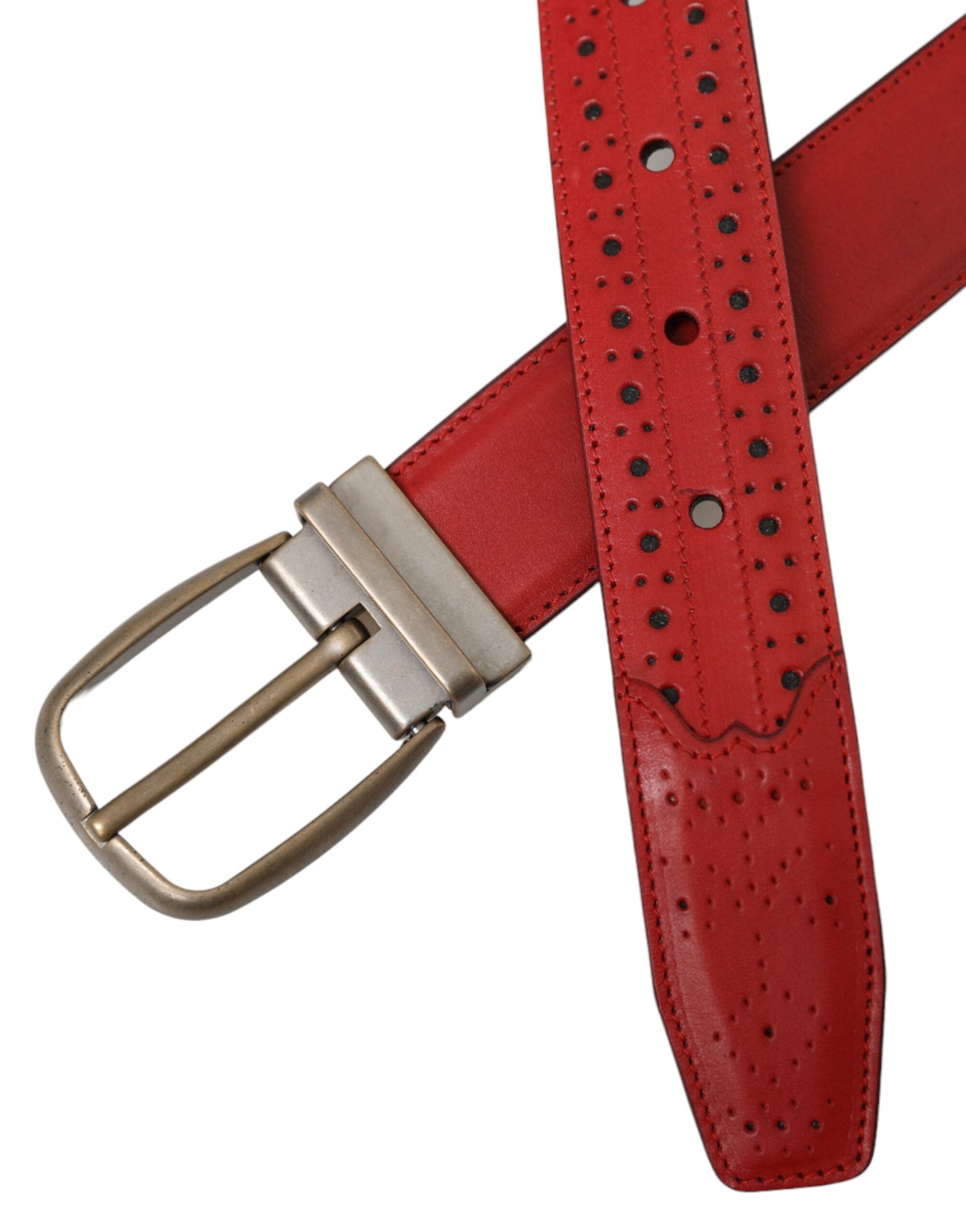  - Red Perforated Leather Metal Buckle Belt Men