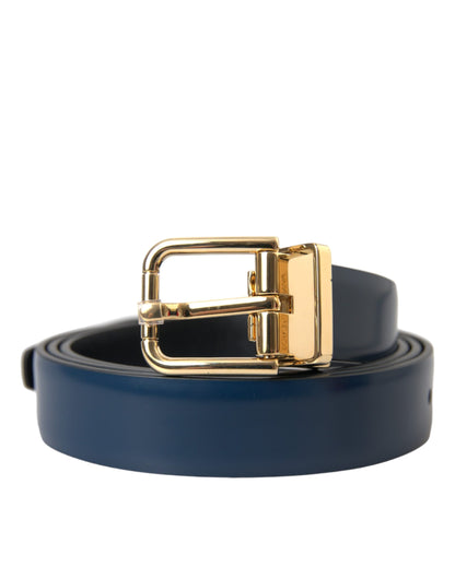  - Blue Calf Leather Gold Metal Buckle Belt Men