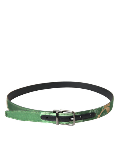  - Green Leather Jacquard Silver Metal Buckle Belt