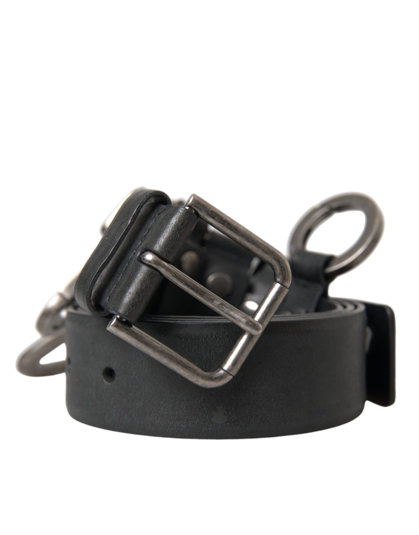  - Black Calf Leather Silver Metal Buckle Belt