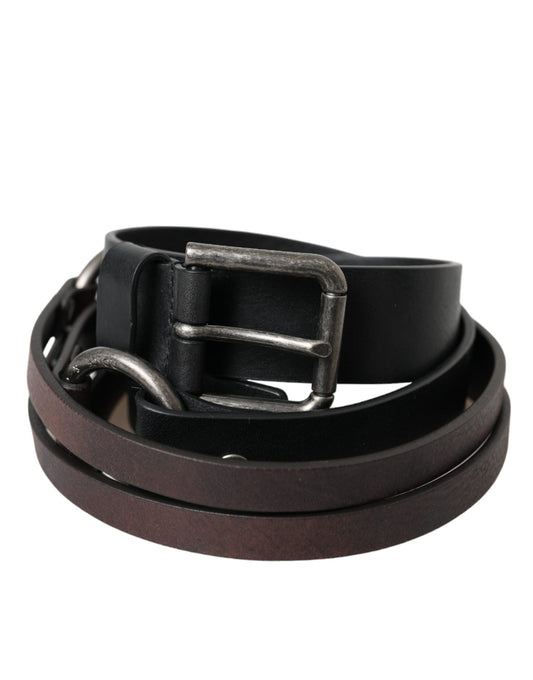  - Black Brown Leather Silver Metal Buckle Belt