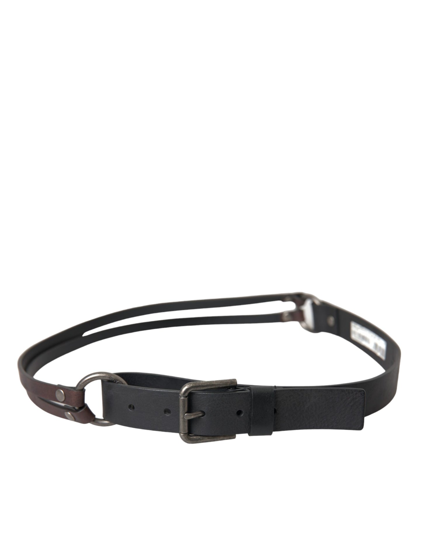  - Black Brown Leather Silver Metal Buckle Belt