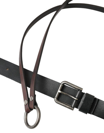  - Black Brown Leather Silver Metal Buckle Belt