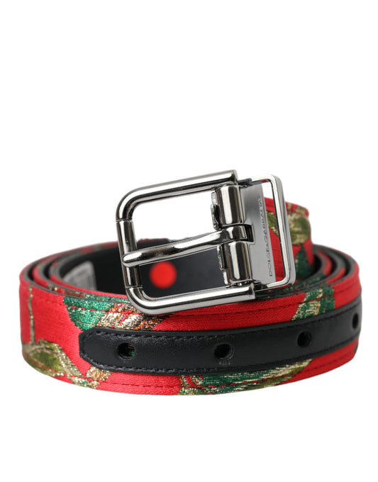  - Red Leather Jacquard Silver Metal Buckle Belt