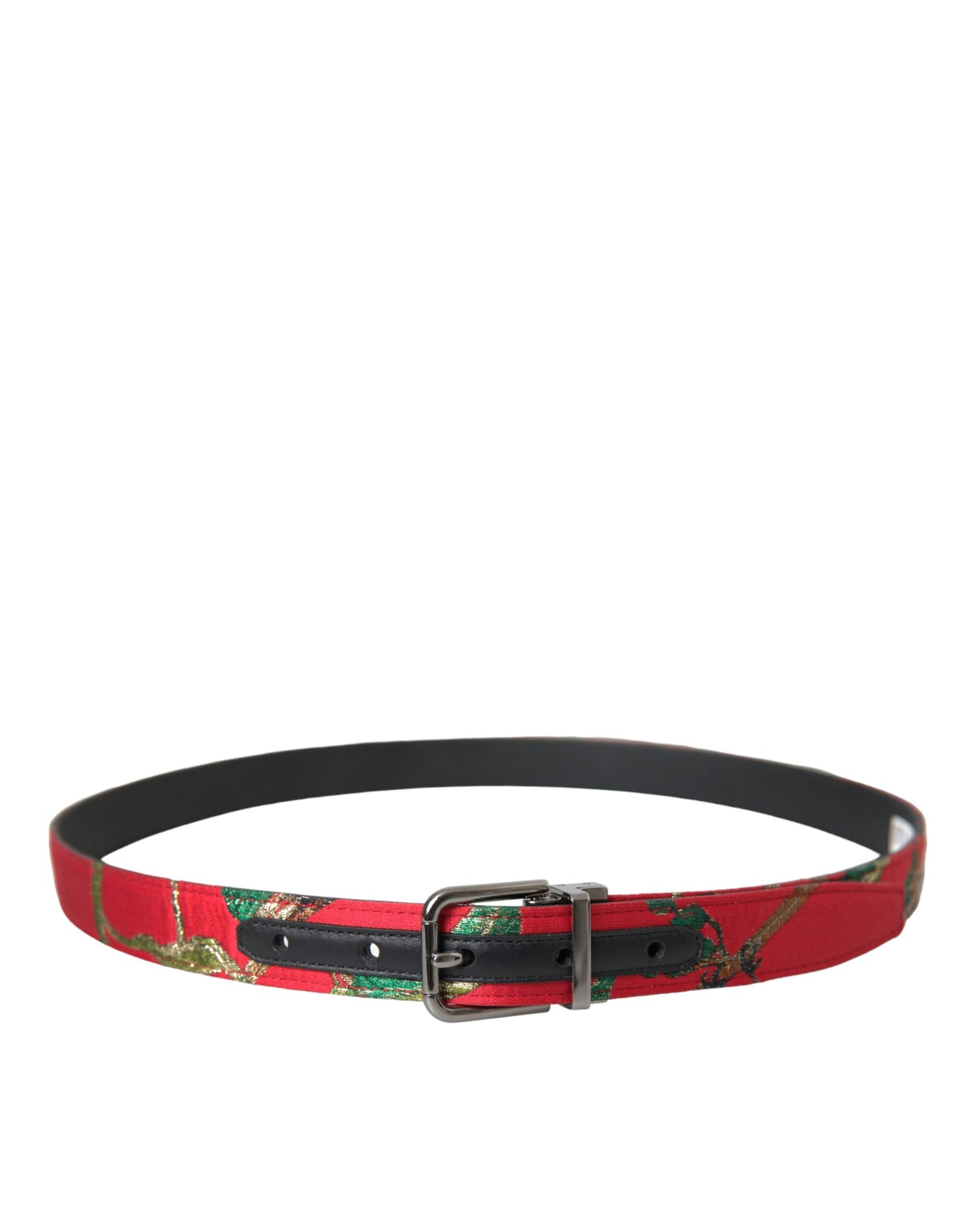  - Red Leather Jacquard Silver Metal Buckle Belt