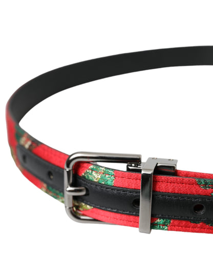  - Red Leather Jacquard Silver Metal Buckle Belt